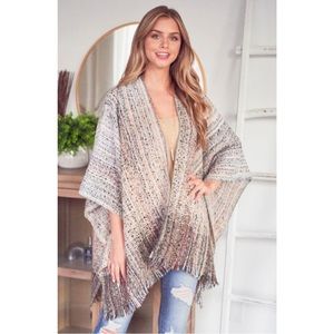 NWT Boho Fall Poncho Shaw Wrap Sweater Multicolor Brown Fringe Open Front